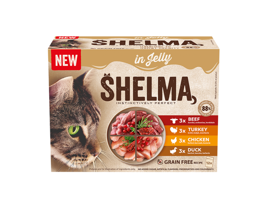 Shelma lihavalik kassidele - neli lihamaitset želees | Sniffy - Parima sõbra heaks Shelma teraviljavaba kassitoidu lihavalik želees - veis, kana, part ja kalkun