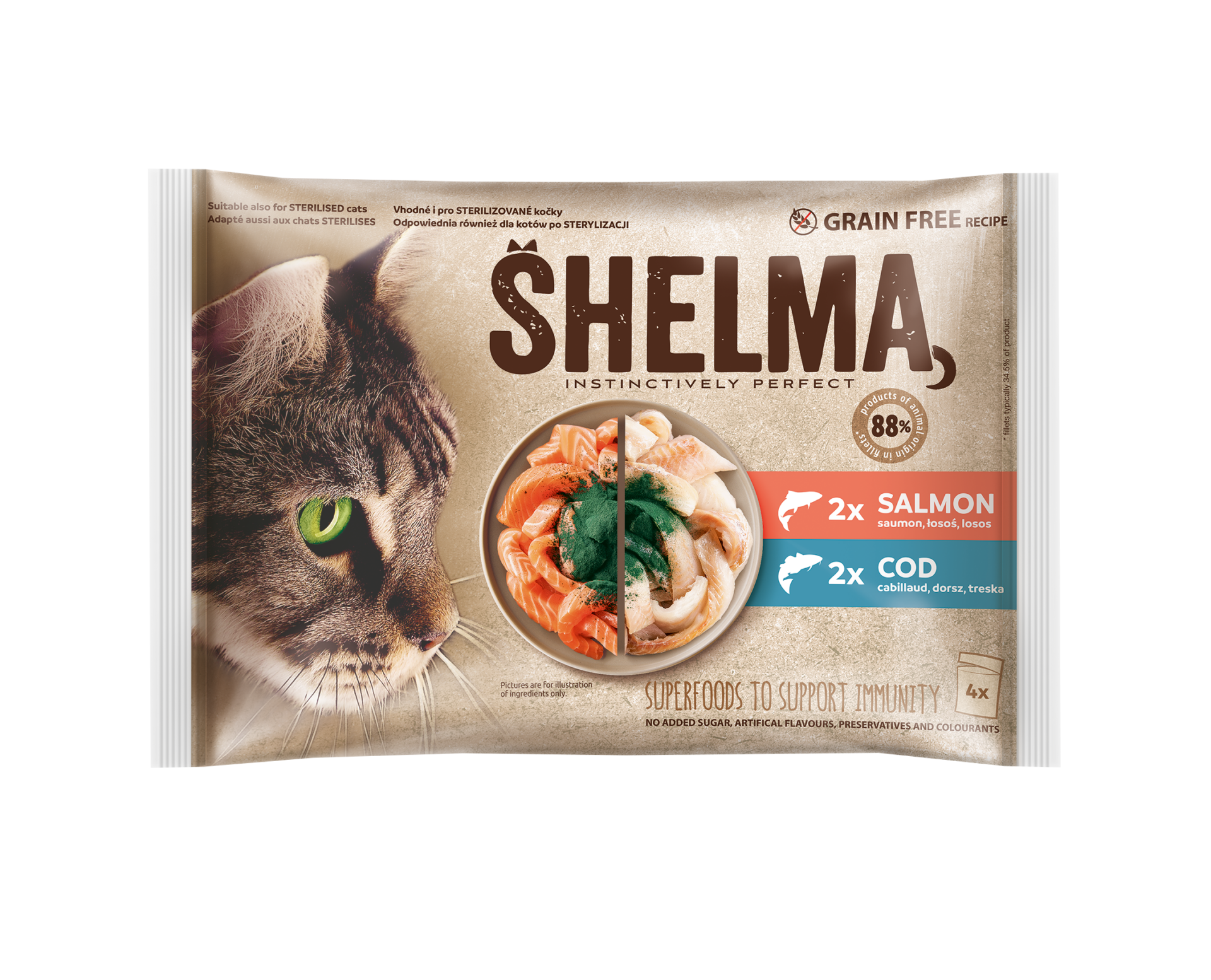 Shelma kalavalik kassidele - lõhe ja tursk spirulinaga | Sniffy - Parima sõbra heaks Shelma teraviljavaba kassitoidu kalavalik - lõhe ja tursk spirulinaga kastmes
