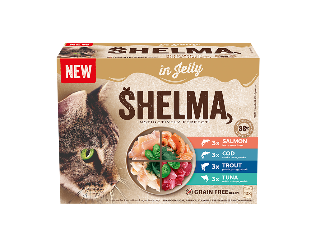 Shelma kalavalik kassidele - neli kalamaitset želees | Sniffy - Parima sõbra heaks Shelma teraviljavaba kassitoidu kalavalik želees - lõhe, forell, tursk ja tuunikala